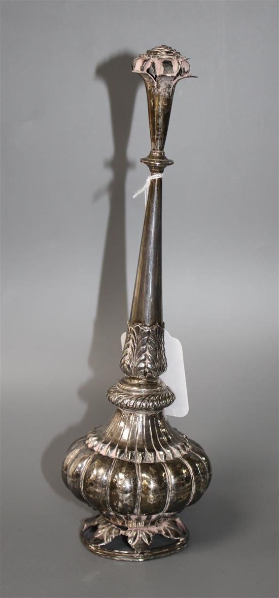 A 20th century Indian? white metal rosewater sprinkler, on pierced circular foliate base,